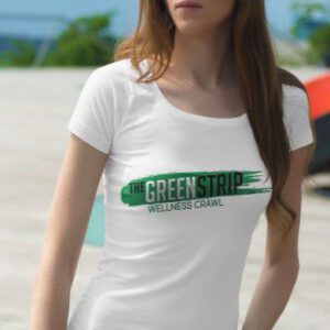 A girl wearing the green strip t shirt in white color